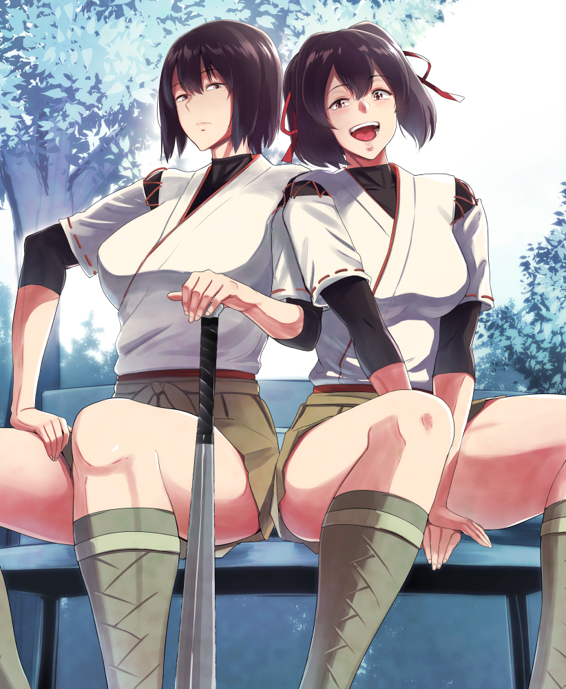 2girls, aluminum_bat, baseball_bat, bench, bifidus, blue_sky, bodysuit, bodysuit_under_clothes