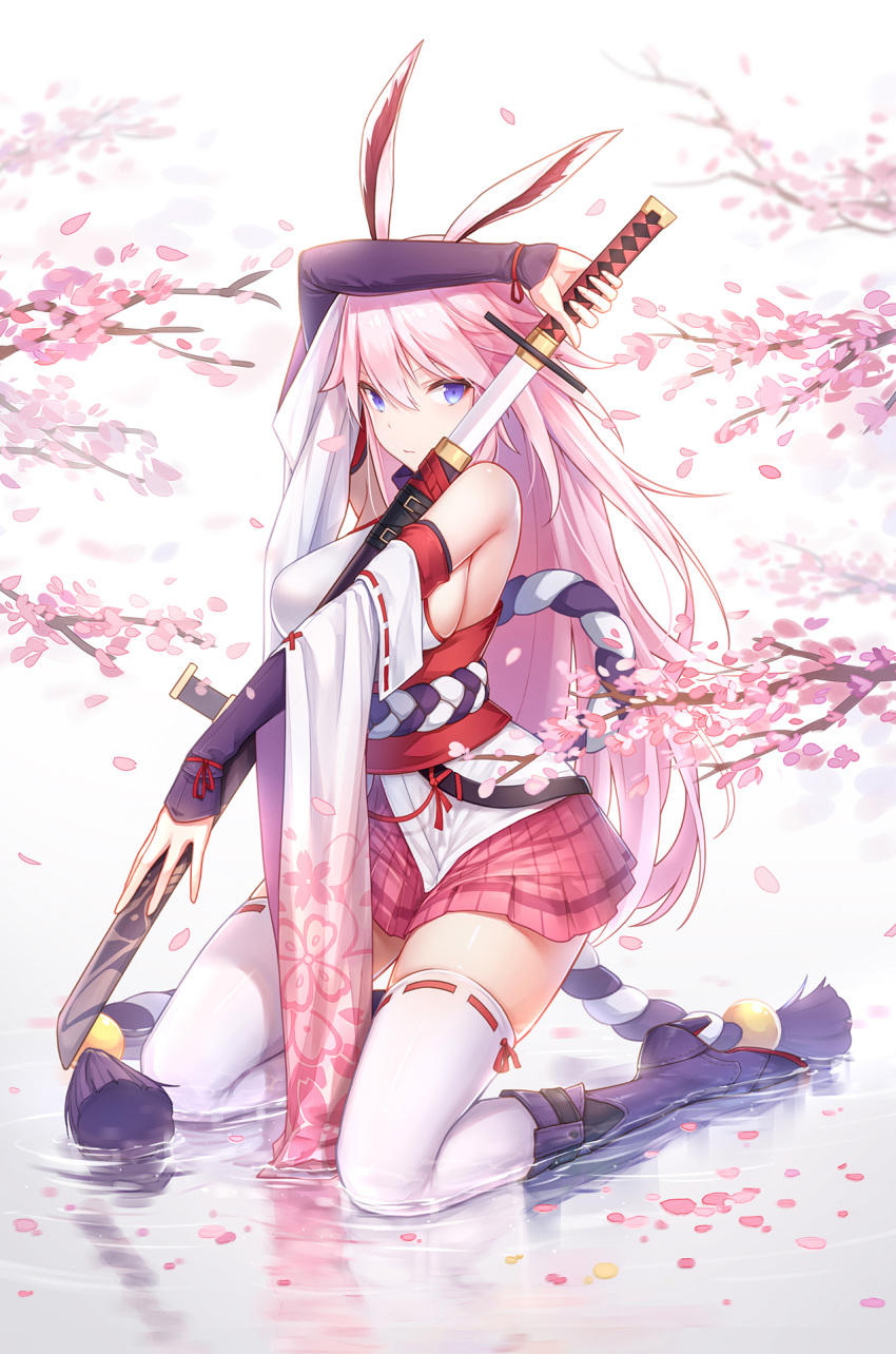 1girl, animal_ears, arm_up, bare_shoulders, benghuai_xueyuan, black_footwear, blue_eyes, blurry, boots, breasts, cherry_blossoms, closed_mouth, depth_of_field, detached_sleeves, full_body, hair_between_eyes, highres, holding, holding_sword, holding_weapon, japanese_clothes, katana, kimono, knee_boots, kneeling, kurisu_tina, large_breasts, long_hair, long_sleeves, looking_at_viewer, obi, petals, pink_hair, pink_skirt, pleated_skirt, rabbit_ears, red_ribbon, reflection, ribbon, ribbon-trimmed_legwear, ribbon_trim, sash, serious, sheath, short_kimono, sideboob, skirt, solo, striped, sword, tassel, thigh-highs, thighs, tree_branch, unsheathing, vertical-striped_skirt, vertical_stripes, very_long_hair, water, weapon, white_background, white_kimono, wide_sleeves, yae_sakura_(benghuai_xueyuan), zettai_ryouiki