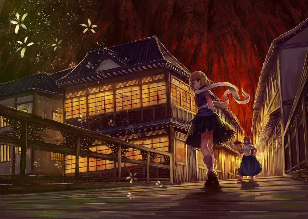2girls, arms_behind_back, backlighting, bangs, black_skirt, blonde_hair, blue_skirt, boots