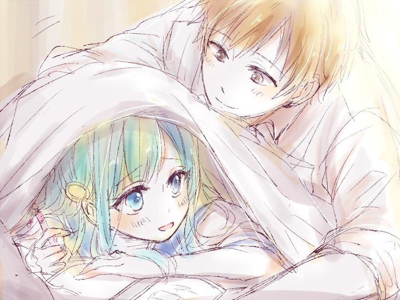 1boy, 1girl, blue_eyes, blue_hair, book, brown_eyes, brown_hair, ensemble_girls!, hair_ornament, hairclip, hassaku_tsuyuri, protagonist_(ensemble_girls!), smile, under_covers