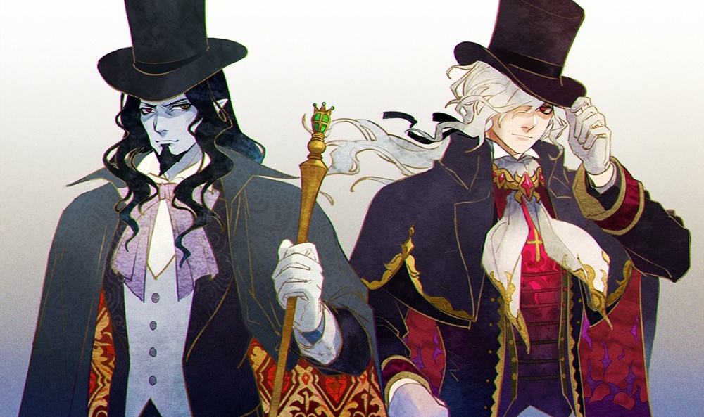 2boys, beard, black_hair, blue_skin, chongning, count_of_monte_cristo, crossover, edmond_dantes_(fate/grand_order)