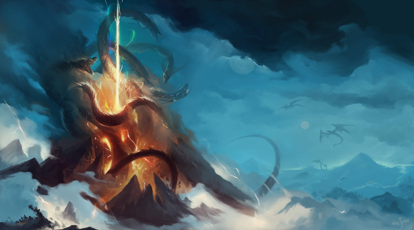absurdres, day, dragon, fire, flying, full_moon, highres, light_beam