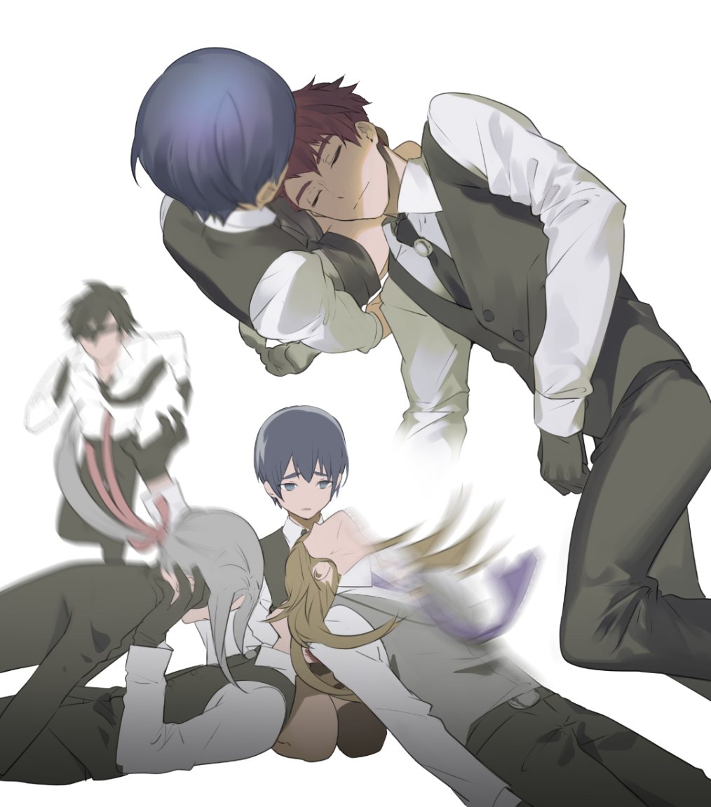 5boys, apron, azuki_nagamitsu_(touken_ranbu), black_neckwear, blue_hair, daihannya_nagamitsu_(touken_ranbu), dress_shirt, falling