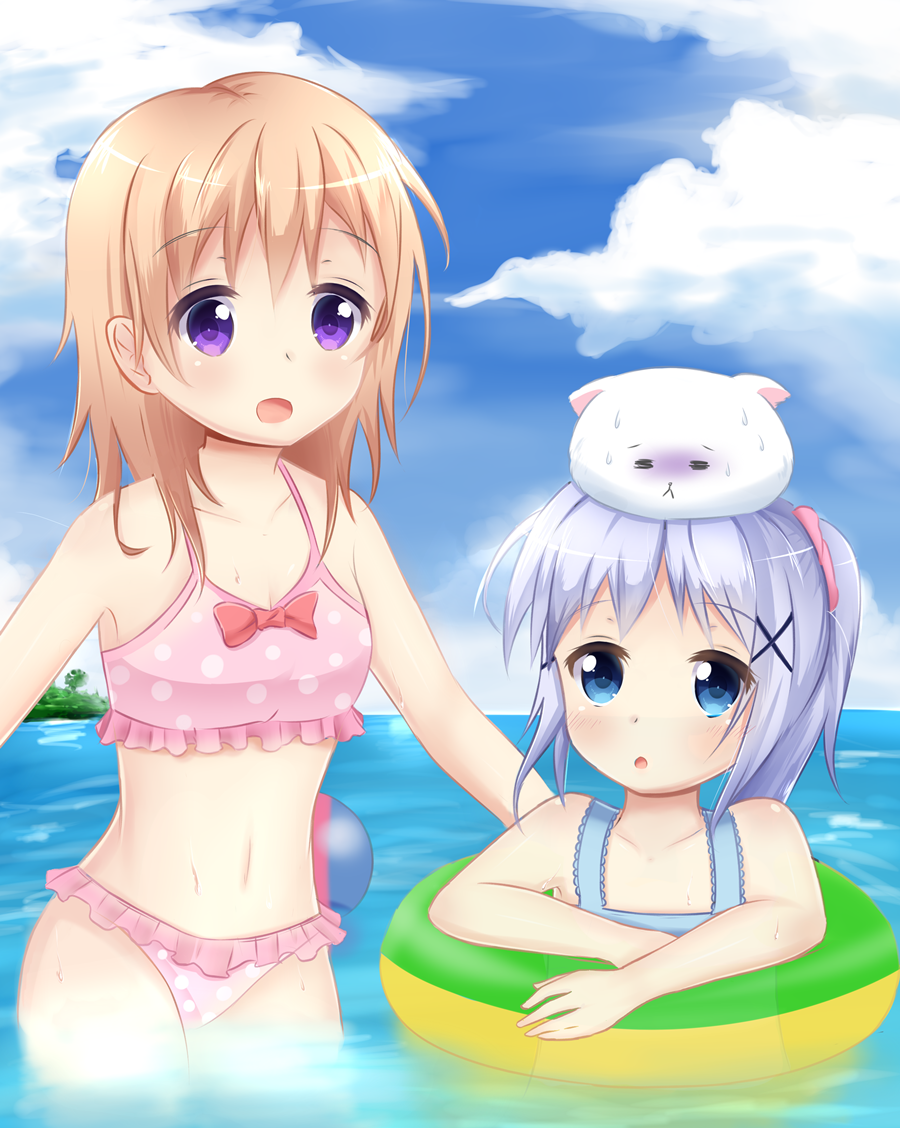 10s, 2girls, :d, :o, animal, beach, beachball, bikini, blue_eyes, clouds, deviantart, floating, gochuumon_wa_usagi_desu_ka?, hairpin, hoto_cocoa, innertube, kafuu_chino, light_blue_hair, looking_at_another, orange_hair, partially_submerged, pink_bikini, pixiv, polka_dot, purple_eyes, rabbit, ribbon, rutorifuki95, sidelocks, sky, swimsuit, tippy_(gochiusa), water, wet