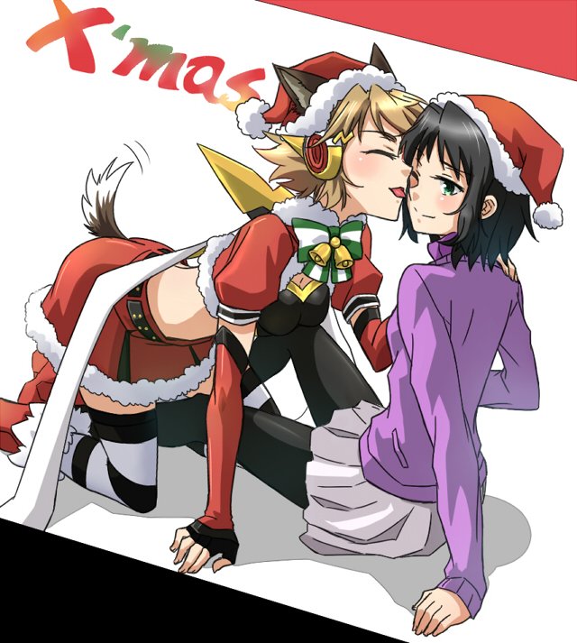 2girls, animal_ears, black_hair, blonde_hair, blush, character_request, christmas, closed_eyes, detached_sleeves, dog_ears, dog_tail, grey_skirt, hand_on_another's_shoulder, midriff, multiple_girls, pantyhose, purple_sweater, santa_costume, senki_zesshou_symphogear, short_hair, skirt, smile, stc, striped, striped_legwear, tachibana_hibiki_(symphogear), tail, tail_wagging, thigh-highs, tongue, tongue_out, white_background, yuri
