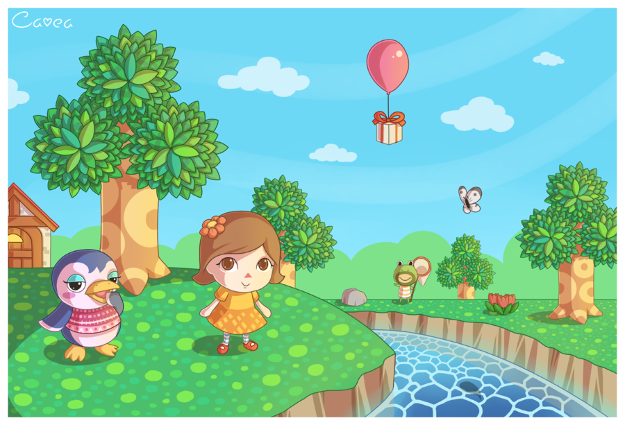1boy, 2girls, animal, animal_crossing, animal_crossing_wild_world, balloon, bird, black_eyes