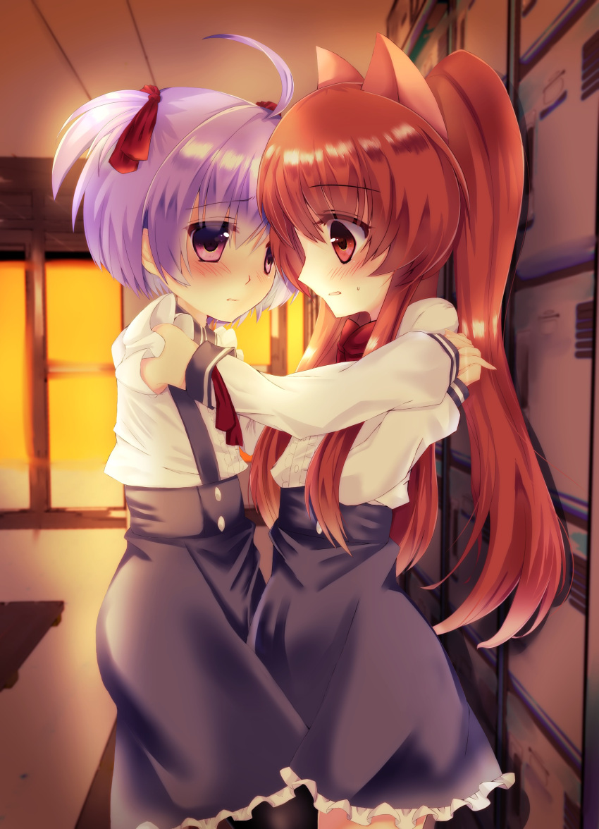 2girls, absurdres, ahoge, aloe_(quiz_magic_academy), animal_ears, bangs, black_legwear, black_skirt, blush, bow, bowtie, brown_eyes, brown_hair, cat_ears, center_frills, commentary_request, detached_sleeves, eye_contact, eyebrows_visible_through_hair, fingernails, frilled_skirt, frills, funakoshi, hair_between_eyes, hair_ribbon, hand_holding, high-waist_skirt, highres, indoors, interlocked_fingers, long_sleeves, looking_at_another, multiple_girls, myu_(quiz_magic_academy), pantyhose, parted_lips, purple_hair, quiz_magic_academy, red_neckwear, red_ribbon, ribbon, school_uniform, shirt, shoe_lockers, skirt, sleeveless, sleeveless_shirt, sleeves_past_wrists, sunset, suspender_skirt, suspenders, sweat, twintails, two_side_up, violet_eyes, white_shirt, yuri