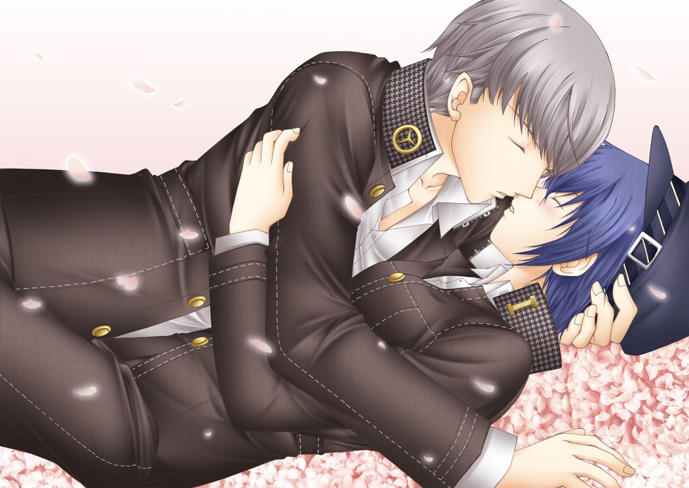 1girl, blue_hair, blush, cabbie_hat, chibiken, closed_eyes, hat, kiss, lying, narukami_yuu, persona, persona_4, petals, reverse_trap, seta_souji, shirogane_naoto