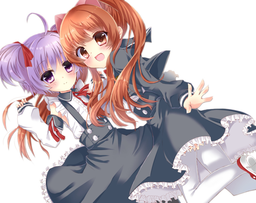 2girls, :d, ahoge, aloe_(quiz_magic_academy), animal_ears, bangs, black_jacket, black_skirt
