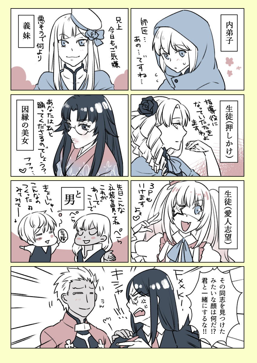 adashino_hishiri, archer, atram_galiast, comic, eyepatch, fate_(series), flat_eskardos, gray_(lord_el-melloi_ii), highres, lord_el-melloi_ii, lord_el-melloi_ii_case_files, luviagelita_edelfelt, reines_archisorte_el-melloi, translation_request, twintails, waver_velvet, wtk48