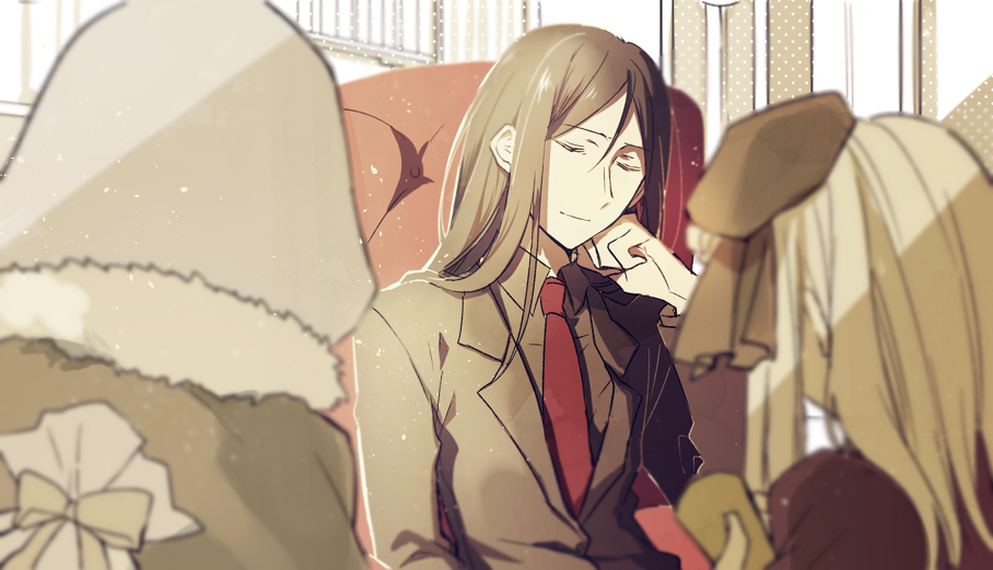 1boy, 2girls, closed_eyes, fate_(series), formal, gray_(lord_el-melloi_ii), hood, long_hair, lord_el-melloi_ii, lord_el-melloi_ii_case_files, multiple_girls, necktie, reines_archisorte_el-melloi, sitting, sleeping, smile, suit, waver_velvet, yuuki_sawano