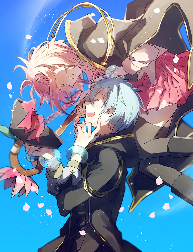 1boy, 1girl, beret, black_legwear, blue_hair, boots, bow, braid