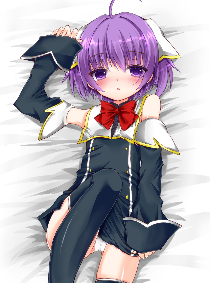 1girl, ahoge, bangs, bare_shoulders, bed_sheet, black_dress, black_legwear, blush