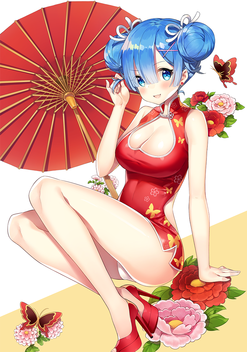 1girl, :d, adjusting_hair, alternate_hairstyle, animal_print, arm_at_side, ayami, blue_eyes, blue_hair, blush, breasts, butterfly, butterfly_print, camellia, china_dress, chinese_clothes, cleavage, cleavage_cutout, double_bun, dress, earrings, flower, flower_earrings, full_body, hair_between_eyes, hand_in_hair, hand_up, high_heels, invisible_chair, jewelry, large_breasts, looking_at_viewer, medium_breasts, no_legwear, open-back_dress, open_mouth, oriental_umbrella, panties, pantyshot, pantyshot_(sitting), re:zero_kara_hajimeru_isekai_seikatsu, red_dress, red_flower, red_footwear, rem_(re:zero), short_dress, short_hair, sitting, smile, solo, thighs, two-tone_background, umbrella, underwear, v-shaped_eyebrows, white_panties