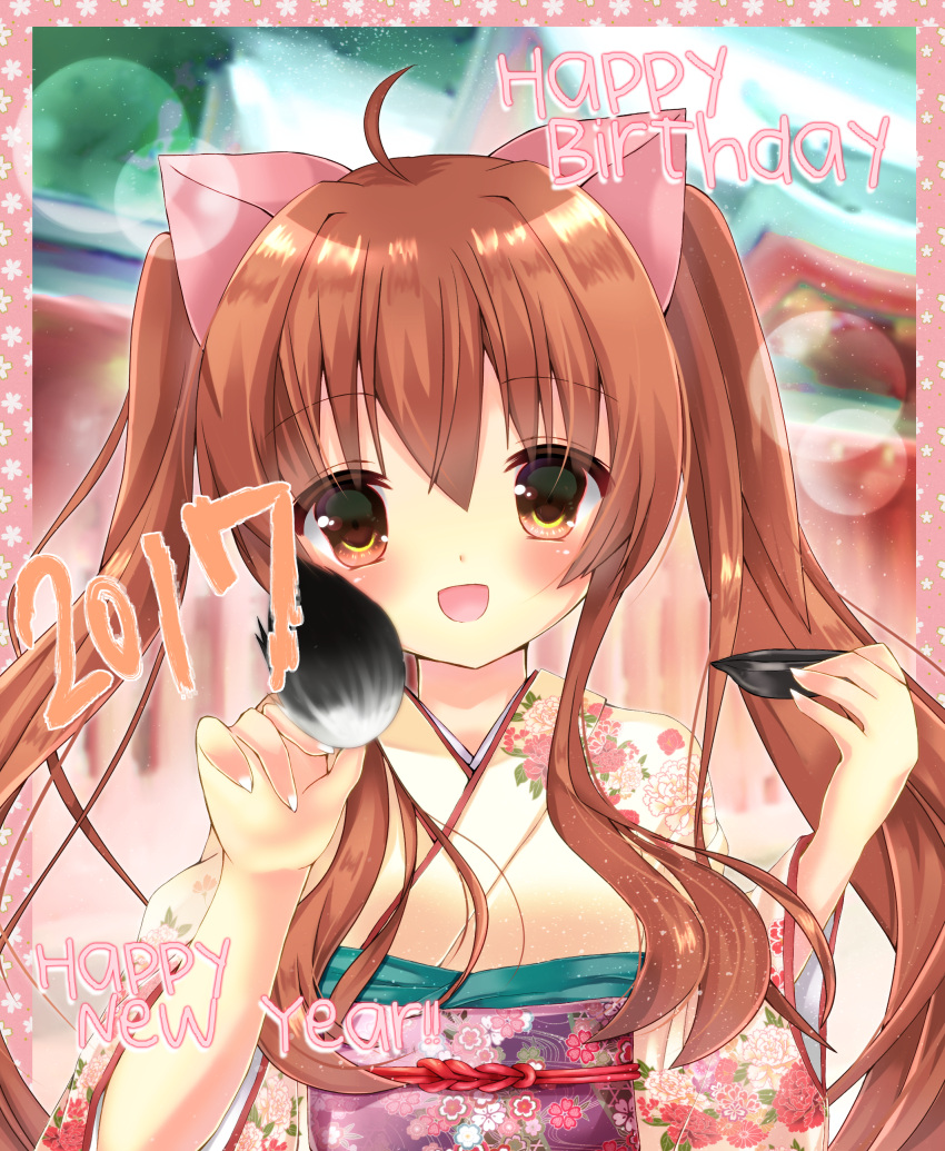 1girl, 2017, :d, absurdres, ahoge, aloe_(quiz_magic_academy), animal_ears, bangs