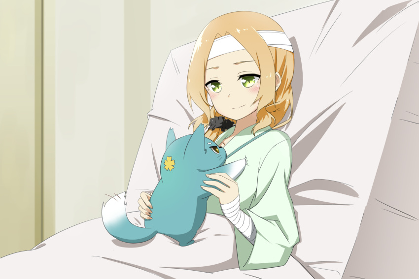 1girl, alternate_hairstyle, bandage, bandaged_arm, bandaged_head, bangs, bed, blonde_hair