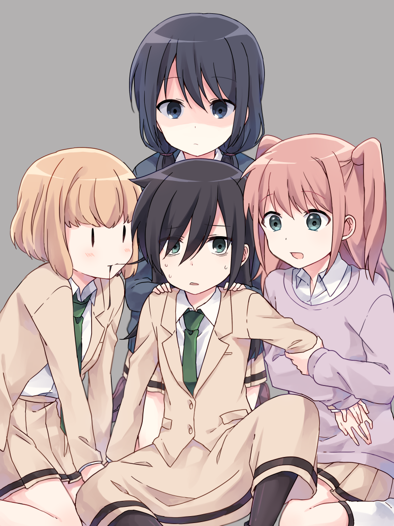 4girls, arm_grab, bags_under_eyes, black_hair, blonde_hair, blush, green_eyes, hair_in_mouth