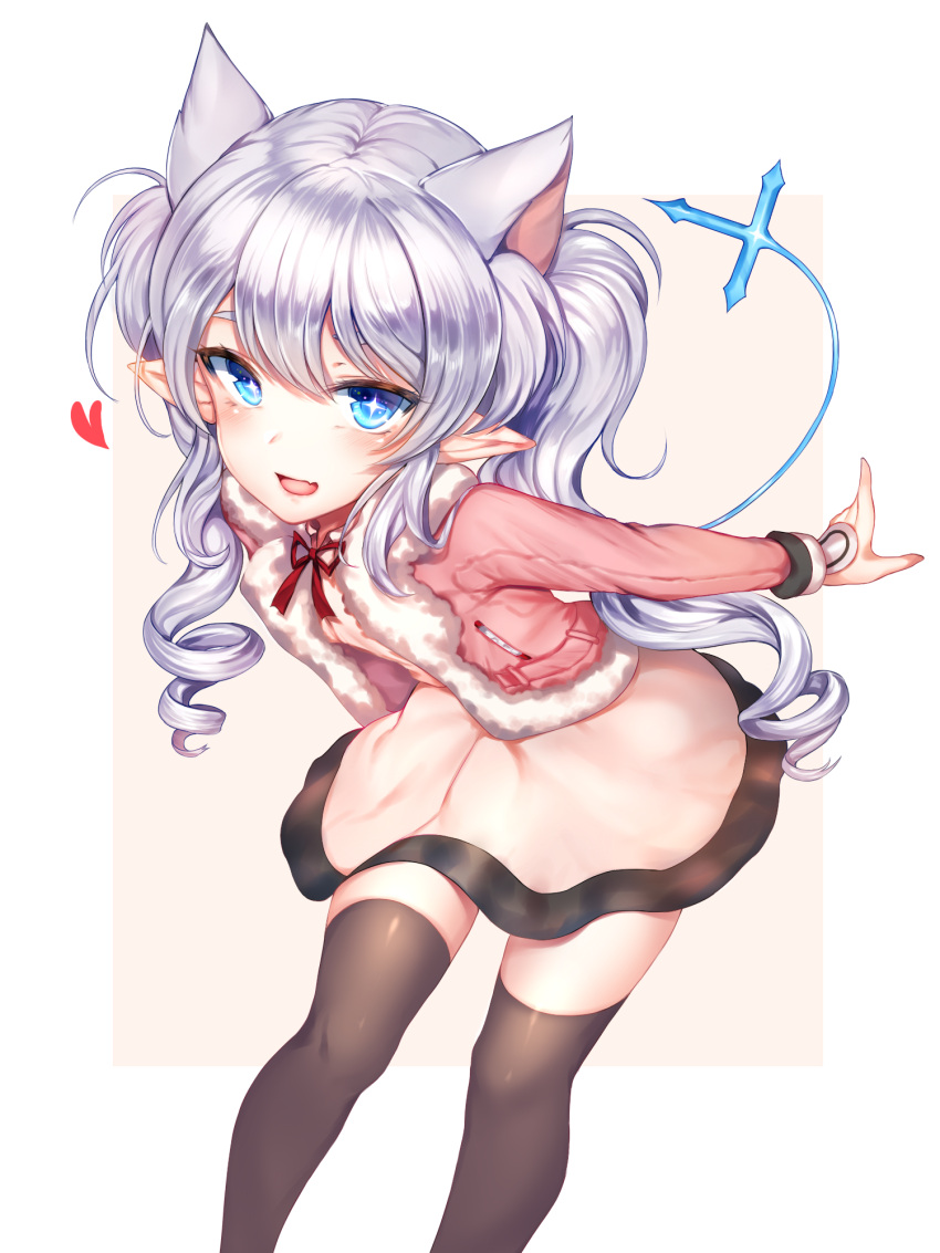 1girl, :d, animal_ears, bangs, black_legwear, blue_eyes, blush, cropped_jacket