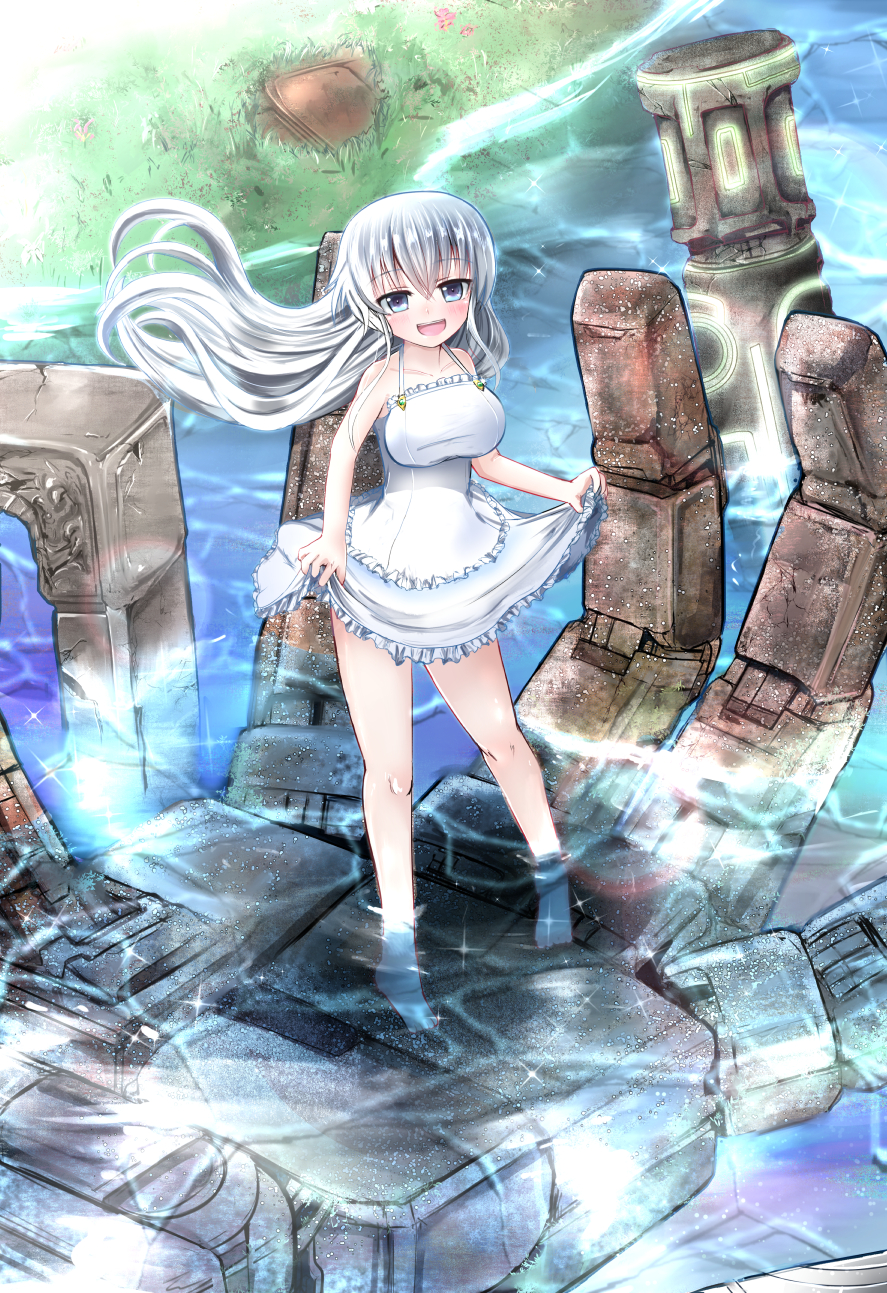 1girl, :d, bangs, barefoot, blue_eyes, blush, breasts, day