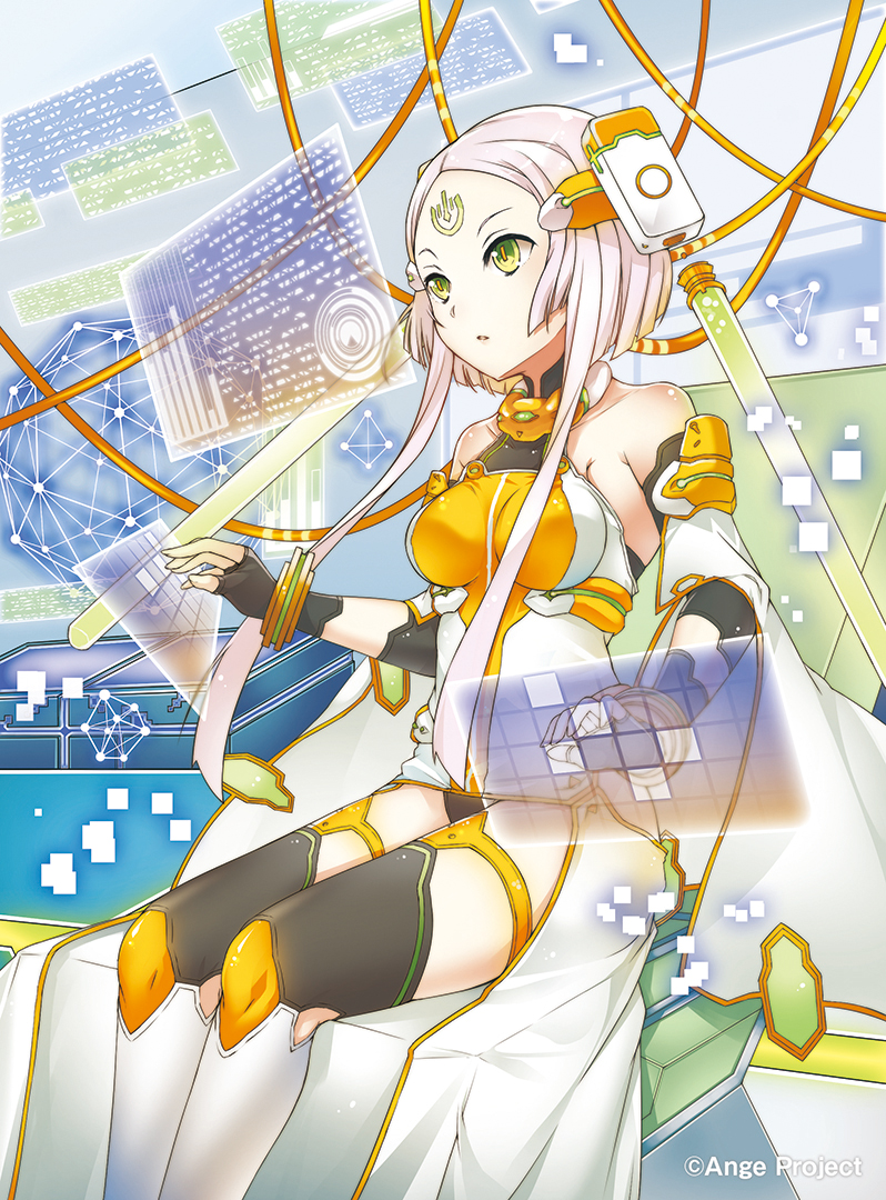 1girl, ange_vierge, bangs, bare_shoulders, bodysuit, breasts, cable, code_omega_46_xenia, expressionless, facial_mark, forehead_mark, gasai_azusa, green_eyes, headgear, holographic_interface, indoors, medium_breasts, official_art, parted_bangs, parted_lips, pink_hair, short_hair, short_hair_with_long_locks, sitting, slit_pupils, solo, thigh-highs