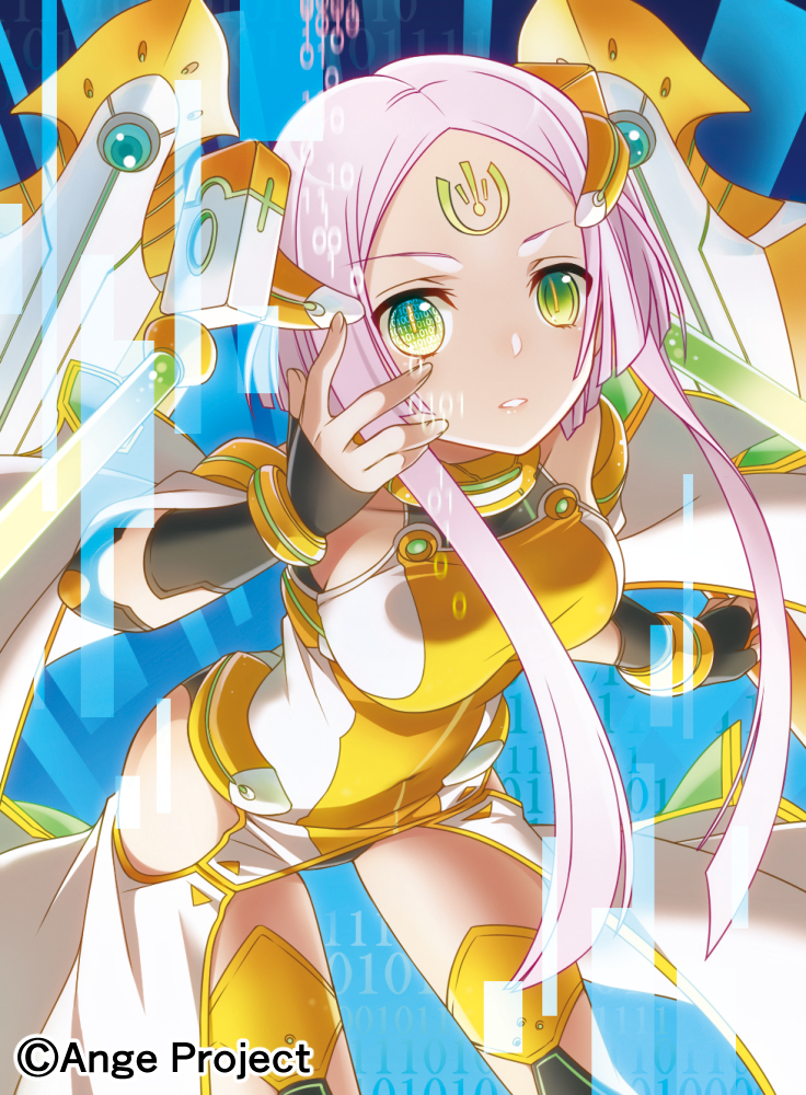 1girl, ange_vierge, bangs, bare_shoulders, binary, bodysuit, breasts, code_omega_46_xenia, detached_sleeves, expressionless, facial_mark, forehead_mark, green_eyes, headgear, holographic_interface, leaning_forward, medium_breasts, midori_(kara-hune), number, official_art, parted_bangs, parted_lips, pink_hair, short_hair, short_hair_with_long_locks, slit_pupils, solo, thigh-highs, wristband