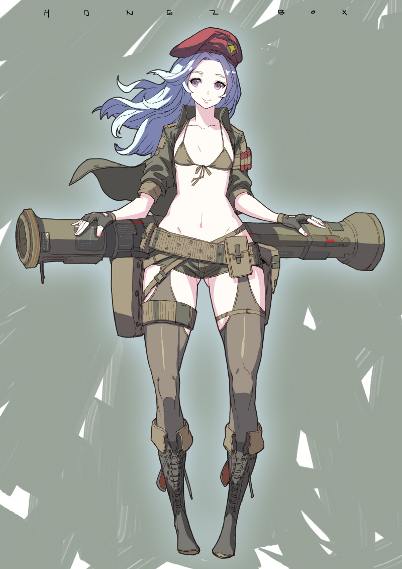 1girl, bikini_top, fingerless_gloves, gloves, hat, hong_soon-jae, long_hair, military