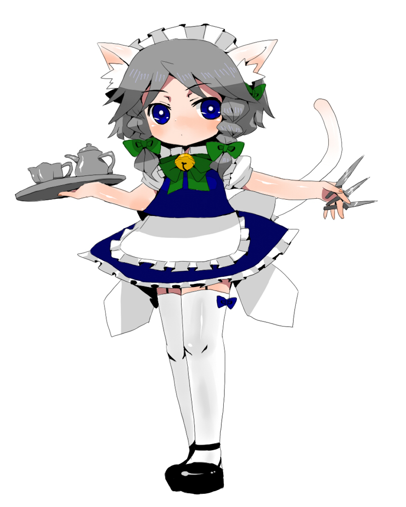 bad_id, bell, blue_eyes, bow, braid, cat_bell, cat_ears, cat_tail, grey_hair, hair_bow, hairband, izayoi_sakuya, jingle_bell, kettle, knife, short_hair, silver_hair, simple_background, tail, thigh-highs, thighhighs, touhou, tray, twin_braids, yuto_mochi, zettai_ryouiki