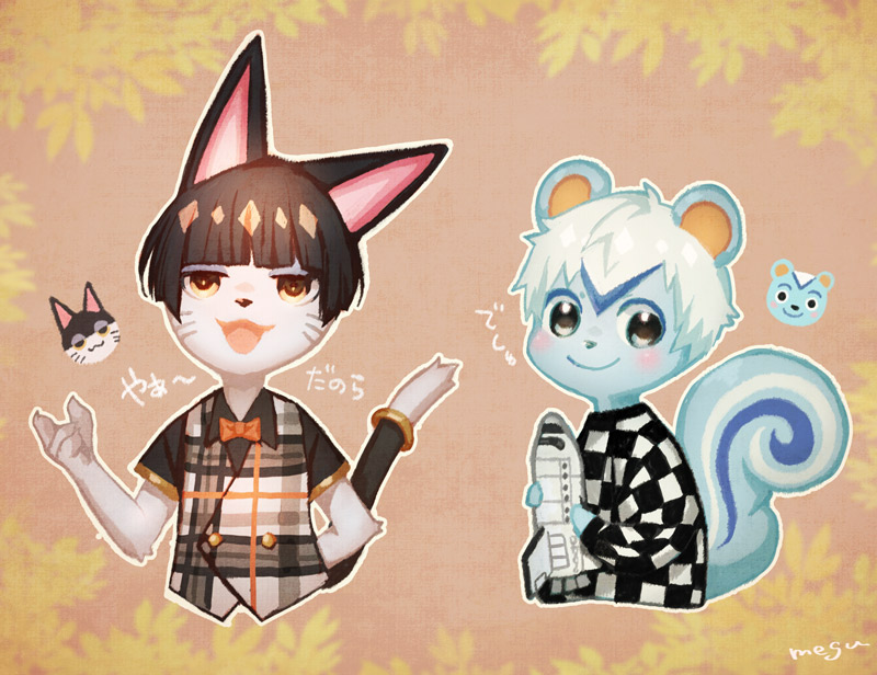2boys, animal_ears, bangs, binta_(doubutsu_no_mori), black_hair, blunt_bangs, blush, bow, bowtie, cat, cat_tail, checkered, checkered_skirt, doubutsu_no_mori, half-closed_eyes, multiple_boys, open_mouth, personification, plaid, plaid_vest, ricky_(doubutsu_no_mori), skirt, smile, squirrel, squirrel_ears, squirrel_tail, tail, vest, whiskers, white_hair, yellow_eyes