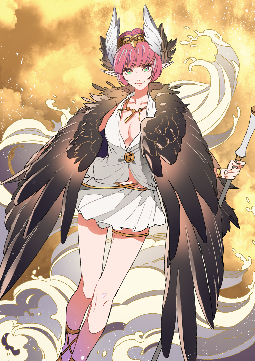 1girl, bangs, bracelet, circe_(fate), closed_mouth, clouds, copyright_request, fate/grand_order, fate_(series), feathered_wings, feet_out_of_frame, fingernails, green_eyes, hairband, highres, holding, holding_staff, jewelry, legband, necklace, no_bra, pink_hair, pleated_skirt, pointy_ears, sandals, skirt, smile, solo, staff, vest, white_skirt, white_vest, wings, yosi135