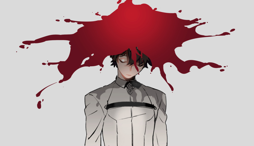 1boy, black_hair, blood, blood_splatter, closed_eyes, closed_mouth, collared_jacket, facing_viewer