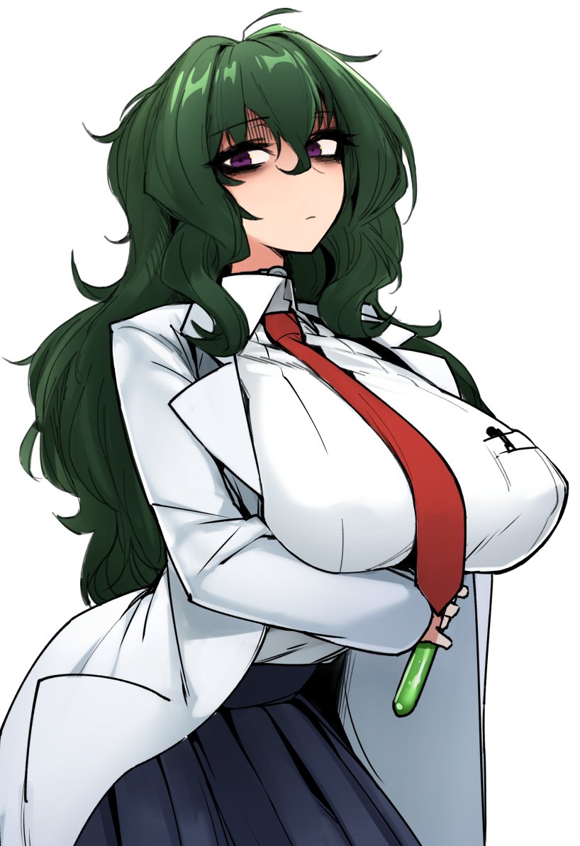 1girl, bags_under_eyes, blue_skirt, breast_pocket, breasts, closed_mouth, commentary_request, cowboy_shot, fuwa_hyouka, gloom_(expression), green_hair, hair_between_eyes, holding, huge_breasts, j.k., labcoat, leaning_forward, long_hair, long_sleeves, looking_at_viewer, necktie, pleated_skirt, pocket, red_neckwear, shimoneta_to_iu_gainen_ga_sonzai_shinai_taikutsu_na_sekai, simple_background, skirt, solo, standing, very_long_hair, vial, violet_eyes, white_background, wing_collar