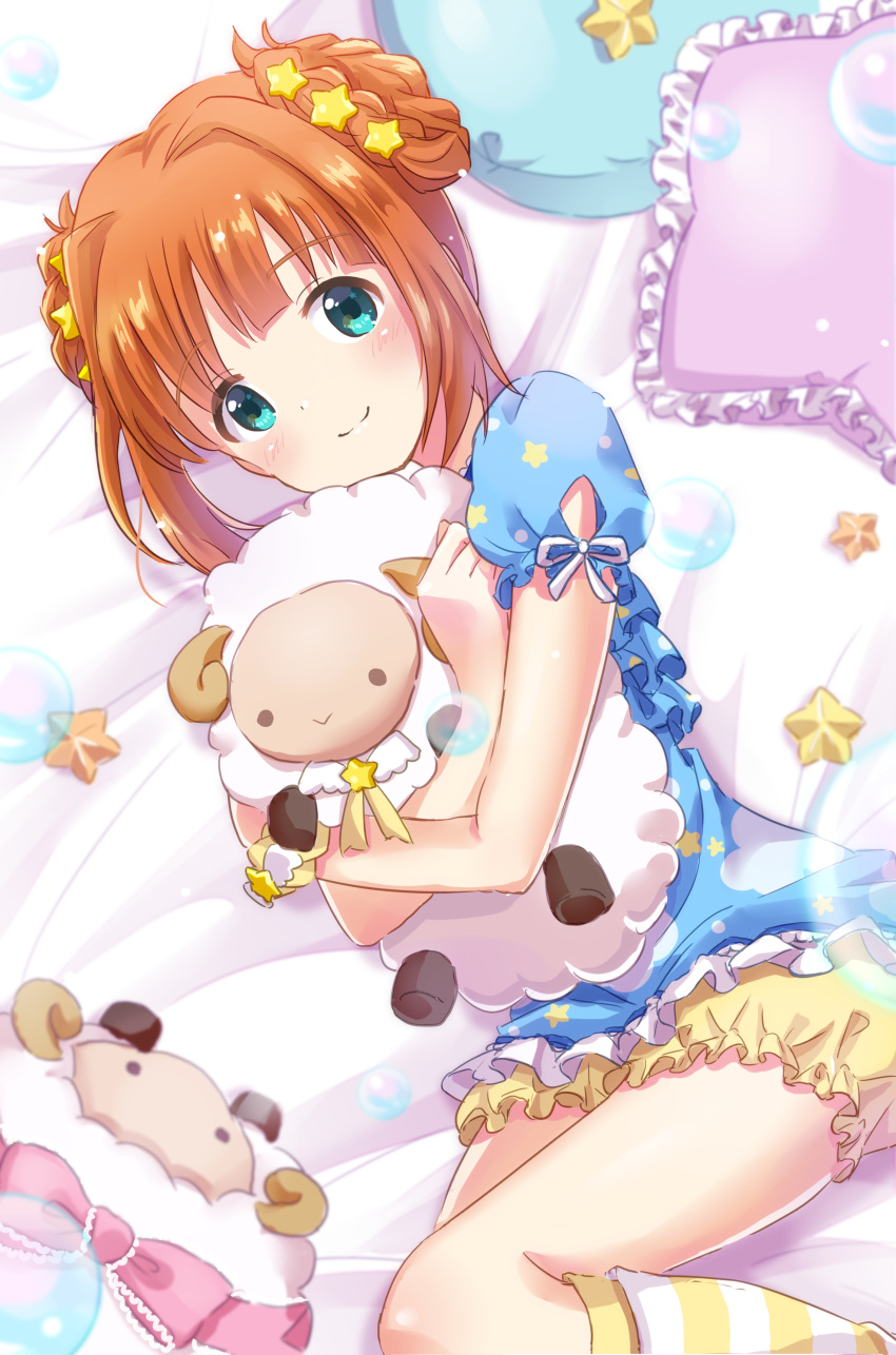 absurdres, bloomers, blue_eyes, blue_pajamas, blush, braid, brown_hair, cloud_print