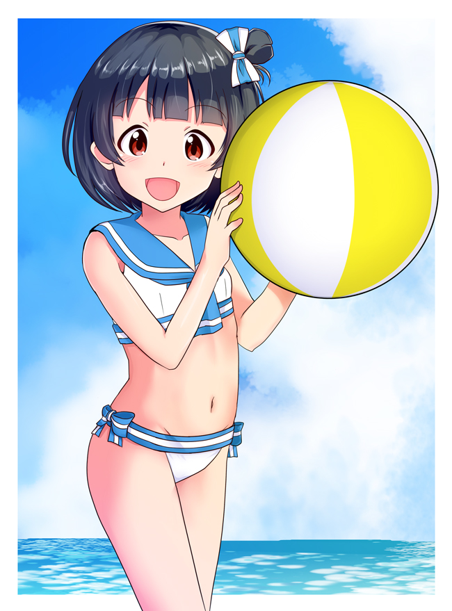 1girl, ball, beachball, bikini, black_hair, blush, brown_eyes, idolmaster, idolmaster_million_live!, looking_at_viewer, momoda_yasuhito, nakatani_iku, open_mouth, sailor_bikini, sailor_collar, sailor_swimsuit_(idolmaster), short_hair, side_ponytail, smile, solo, swimsuit