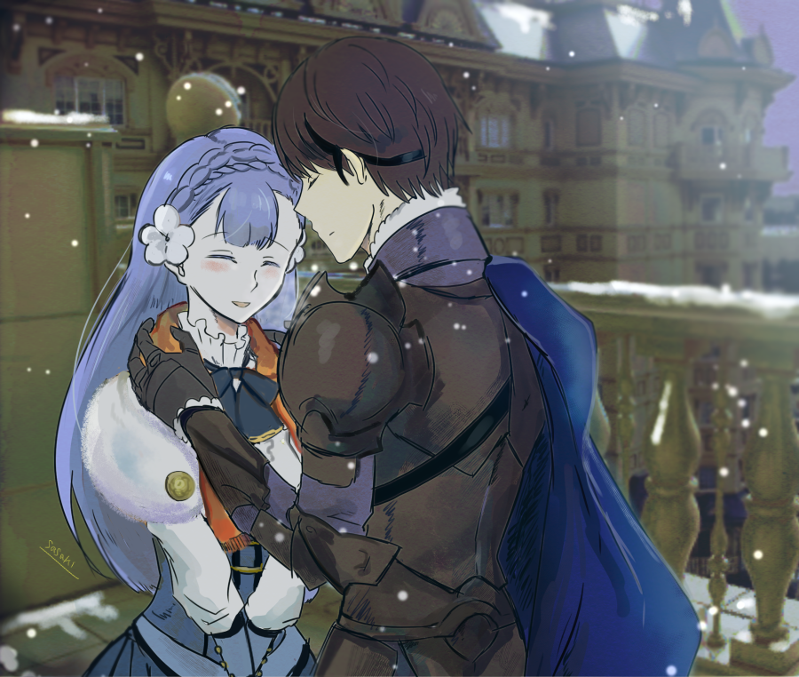 1boy, 1girl, armor, berkut_(fire_emblem), black_hair, blue_hair, closed_eyes, coat, dress, fire_emblem, fire_emblem_echoes:_mou_hitori_no_eiyuuou, fire_emblem_gaiden, fur_coat, hand_holding, holding, linea_(fire_emblem), smile, snow