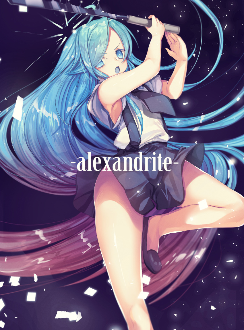 alexandrite_(houseki_no_kuni), androgynous, aqua_eyes, aqua_hair, black_neckwear, black_shorts, character_name, collared_shirt