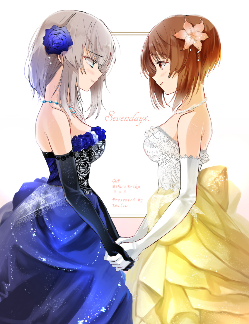 2girls, alternate_costume, artist_name, bare_shoulders, black_gloves, blue_dress, blue_eyes, blue_rose