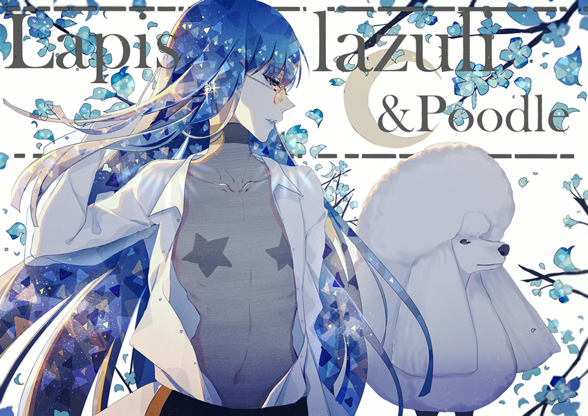 alternate_costume, androgynous, animal, arm_up, bangs, black_choker, blue_eyes, blue_hair