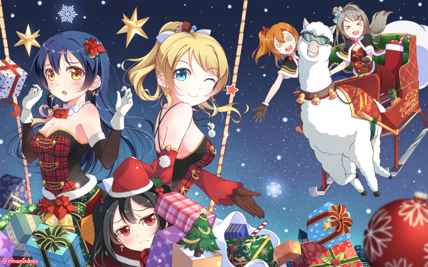 >_<, 5girls, alpaca, ayase_eli, bell, black_hair, blonde_hair, blue_eyes