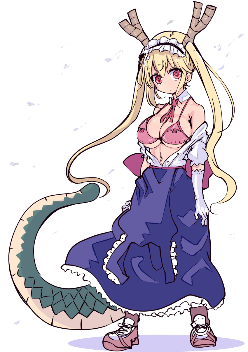 1girl, absurdres, arms_at_sides, bangs, bare_shoulders, blonde_hair, blue_skirt, bra