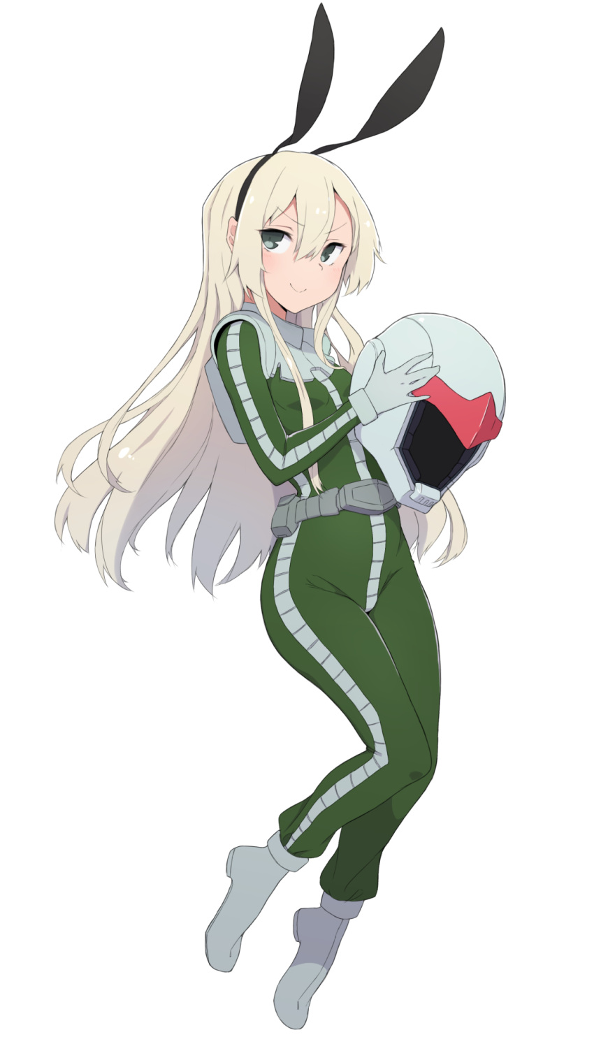 1girl, alternate_costume, black_bow, blonde_hair, blue_gloves, blush, bodysuit, boots