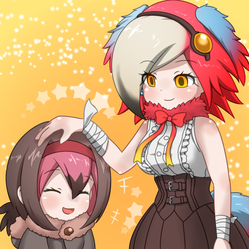 2girls, :d, ^_^, bandage, blush, brown_hair, brown_skirt, closed_eyes