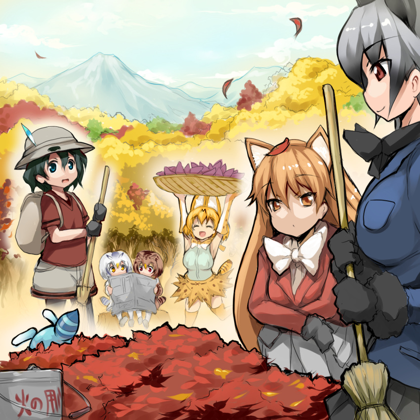 6+girls, :d, ^_^, animal_ears, autumn_leaves, backpack, bag, black_gloves