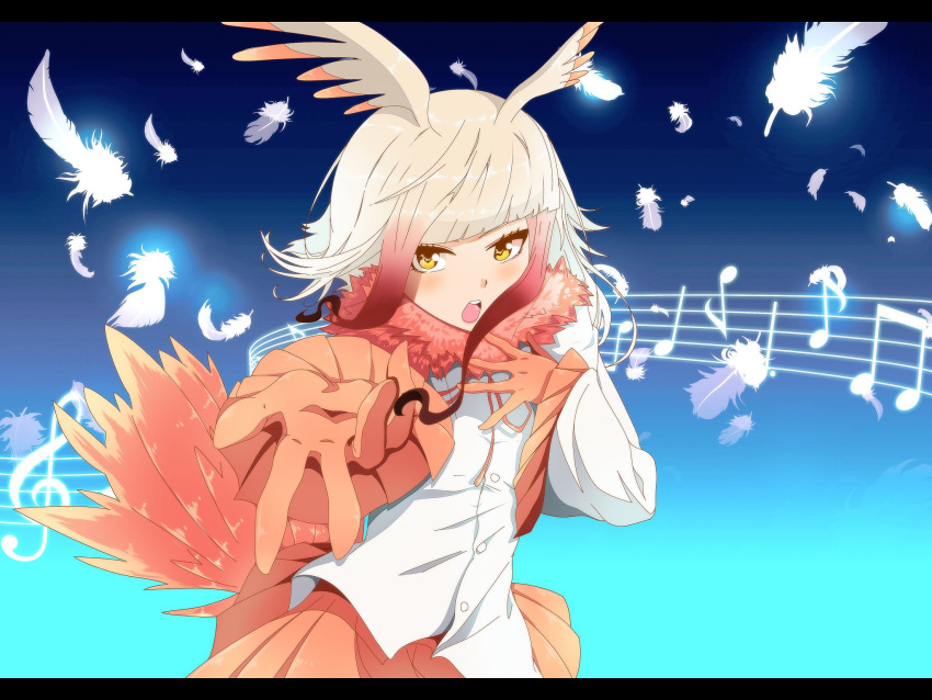 1girl, bangs, blue_background, blunt_bangs, blush, buttons, crotchet, feathers, frame, fur_collar, gloves, gradient, gradient_background, gradient_hair, head_wings, highres, japanese_crested_ibis_(kemono_friends), kappa_(moonsidekanade), kemono_friends, long_sleeves, looking_at_viewer, multicolored_hair, musical_note, pleated_skirt, pleated_sleeves, quaver, reaching_out, red_gloves, red_skirt, redhead, semiquaver, skirt, solo, staff_(music), tail_feathers, treble_clef, white_hair, wide_sleeves, yellow_eyes