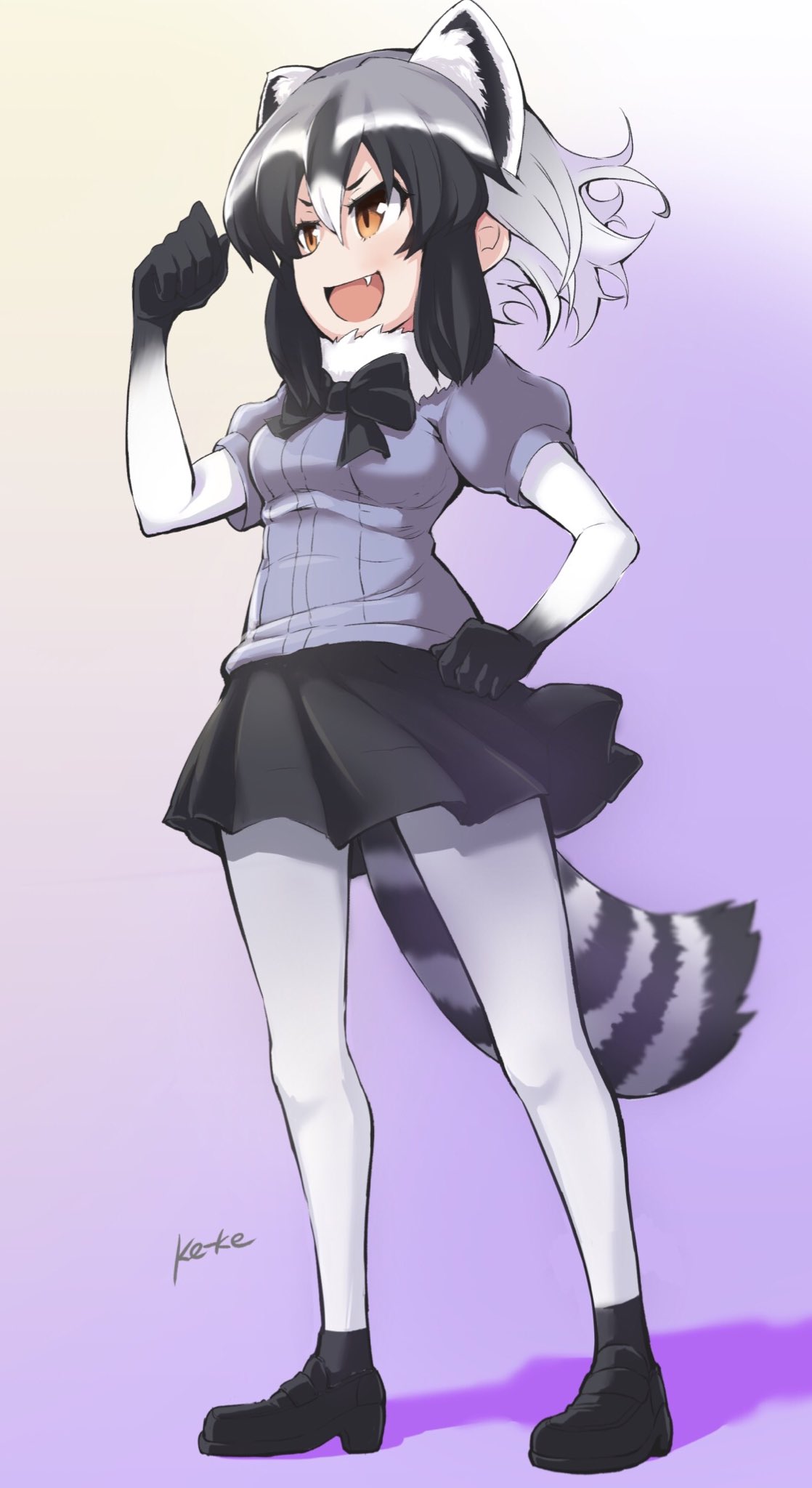 1girl, :d, animal_ears, arm_up, artist_name, black_footwear, black_gloves, black_hair