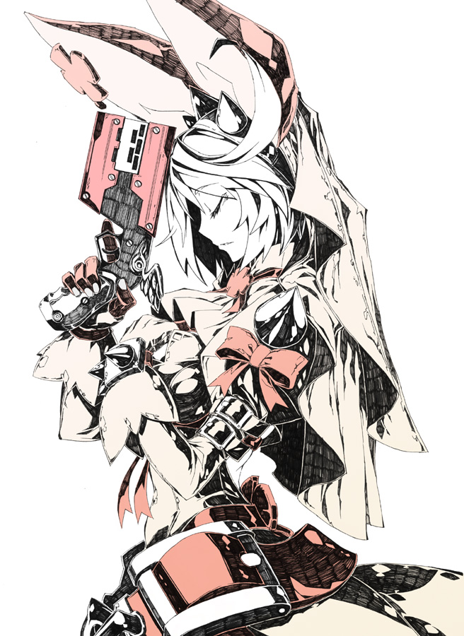 1girl, closed_eyes, clover, elphelt_valentine, four-leaf_clover, gloves, guilty_gear, guilty_gear_xrd, hairband, hat, holding, holding_weapon, nayutarou_(nyt_kag), red_ribbon, ribbon, short_hair, solo, standing, trigger_discipline, weapon