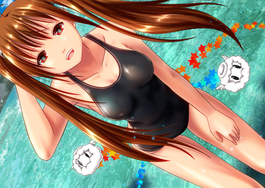 1girl, :d, black_swimsuit, blue_sky, breasts, brown_hair, competition_swimsuit, day