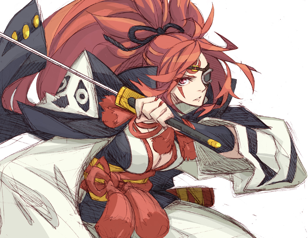 1girl, baiken, breasts, cleavage, eyepatch, facial_tattoo, guilty_gear, guilty_gear_xrd