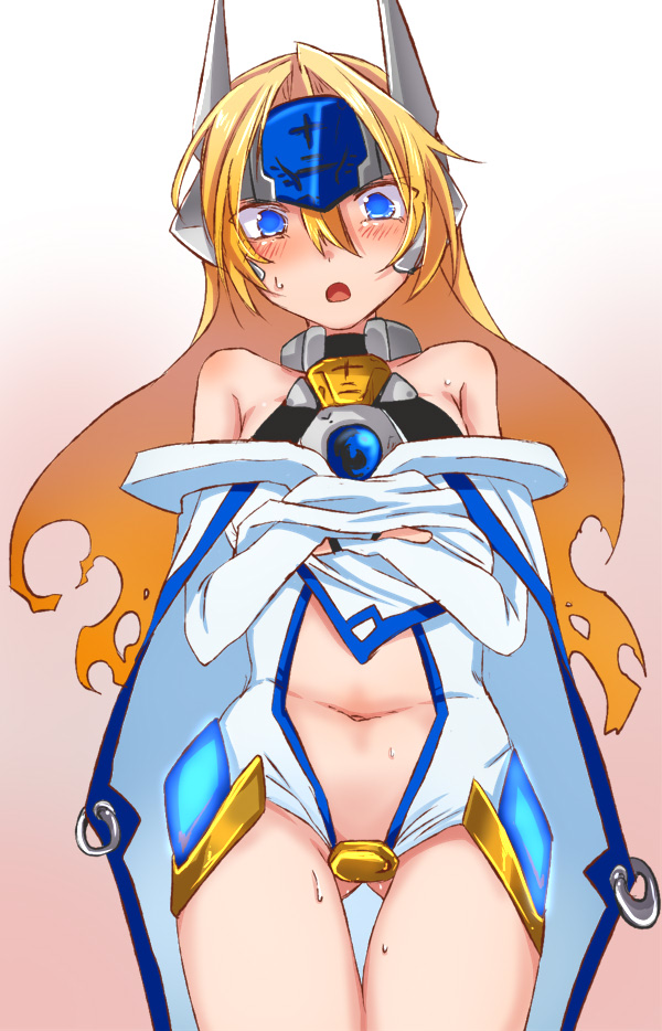 1girl, bare_shoulders, blazblue, blonde_hair, blue_eyes, blush, breasts, embarrassed