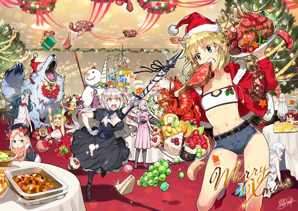 6+girls, abigail_williams_(fate/grand_order), altera_(fate), arjuna_(fate/grand_order), artemis_(fate/grand_order), artoria_pendragon_(all), blonde_hair, boned_meat, braid, cake, caladbolg, chacha_(fate/grand_order), christmas, christmas_tree, cleopatra_(fate/grand_order), denim, denim_shorts, fate/grand_order, fate_(series), flagpole, food, fruit, gae_bolg, gift, grapes, hat, hessian_(fate/grand_order), ibaraki_douji_(fate/grand_order), jack_the_ripper_(fate/apocrypha), jeanne_d'arc_(alter)_(fate), jeanne_d'arc_(fate)_(all), jeanne_d'arc_alter_santa_lily, julius_caesar_(fate/grand_order), karna_(fate), lobo_(fate/grand_order), lobster, macaron, mash_kyrielight, meat, merry_christmas, mordred_(fate), mordred_(fate)_(all), multiple_girls, nero_claudius_(fate)_(all), nursery_rhyme_(fate/extra), orion_(fate/grand_order), paul_bunyan_(fate/grand_order), ponytail, rama_(fate/grand_order), redrop, saber, sandwich, santa_alter, santa_hat, scathach_(fate/grand_order), shorts, snowman, strapless, table, tubetop, white_hair