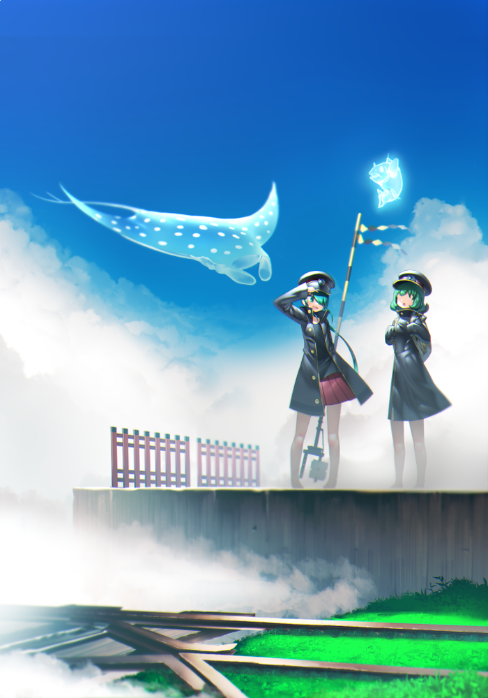 2girls, bare_arms, barefoot, blue_sky, character_request, coat, commentary_request, fantasy